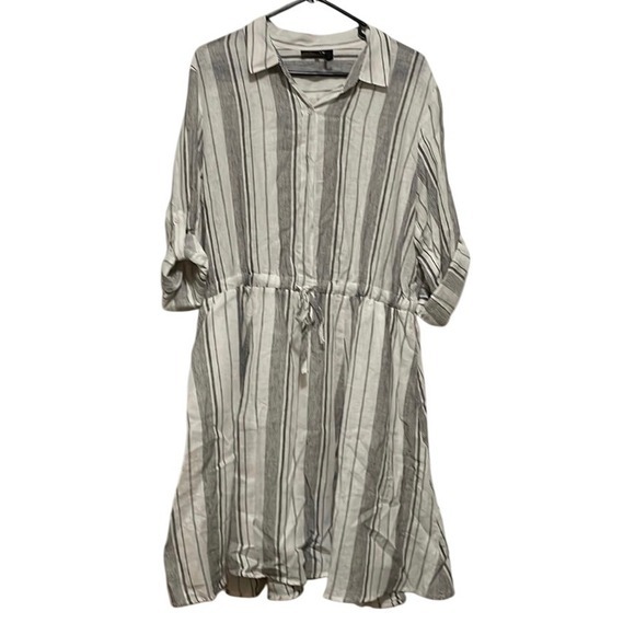 DKNY Striped Shirt Dress Midi Roll Tab Sleeves Drawstring Sz L Black White Gray - Picture 1 of 6